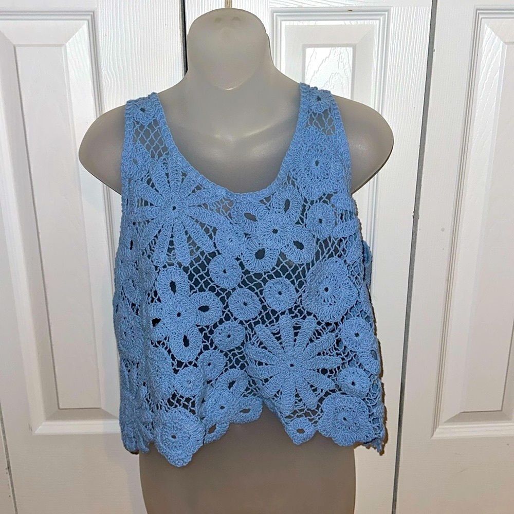 Yaira Crochet Crop Top Shirt Tank Tee Blouse Baby Blue 100% Cotton NWT XL